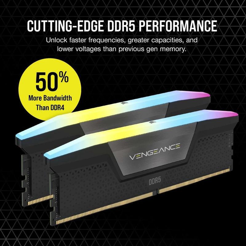 رم دسکتاپ DDR5 کورسیر مدل VENGEANCE RGB ظرفیت 64 گیگابایت دو کاناله 6000 مگاهرتز CL40 با هیت‌سینک خنک‌کننده و ماژول U-DIMM دو عدد 32 گیگابایتی