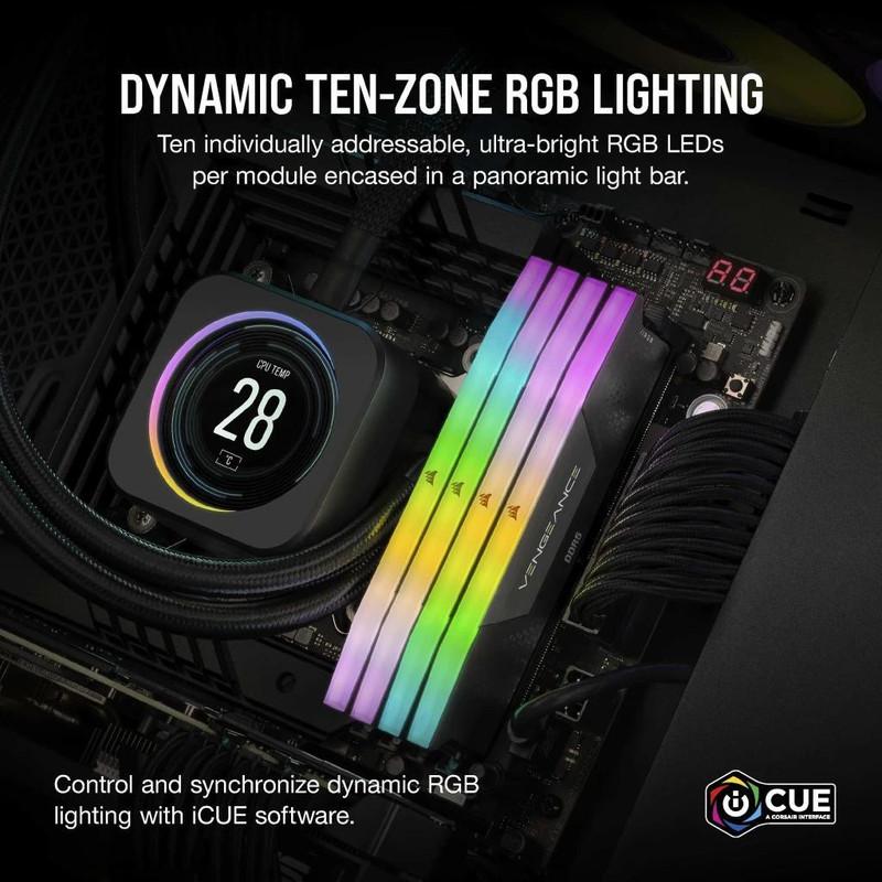 رم دسکتاپ DDR5 کورسیر مدل VENGEANCE RGB ظرفیت 64 گیگابایت دو کاناله 6000 مگاهرتز CL40 با هیت‌سینک خنک‌کننده و ماژول U-DIMM دو عدد 32 گیگابایتی