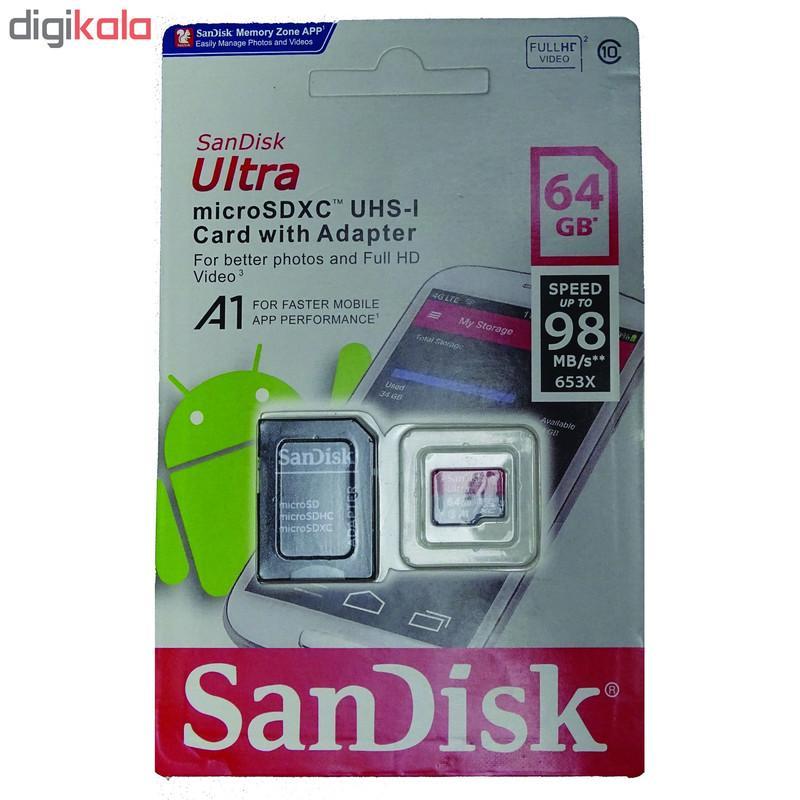 کارت حافظه microSDXC سن دیسک مدل Ultra A1 کلاس 10 استاندارد UHS-I سرعت 98MBps ظرفیت 64 گیگابایت به همراه آداپتور SD