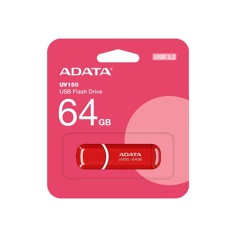 فلش مموری ای دیتا مدل UV150 ظرفیت 64 گیگابایت، رابط USB 3.2 Gen1 با سرعت خواندن 100 مگابایت بر ثانیه، درپوش‌دار، سازگار با ویندوز، مک و لینوکس، مناسب موبایل، تبلت، لپ‌تاپ و تلویزیون