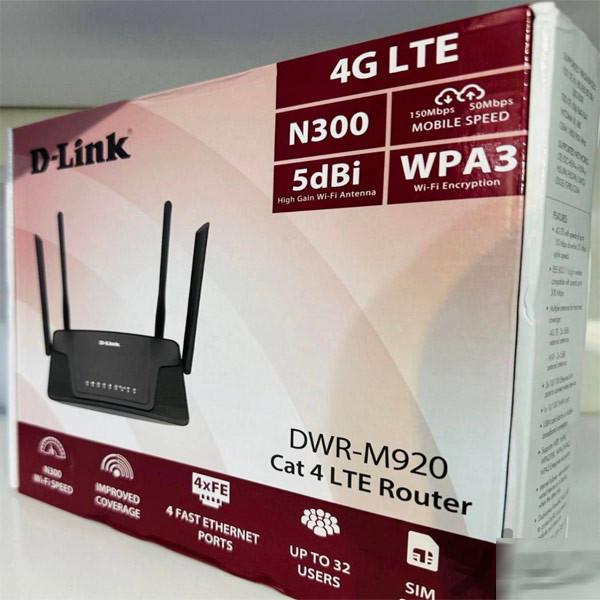 مودم روتر بی‌سیم 4G LTE دی-لینک مدل DWR-M920 با پشتیبانی از سیم‌کارت 3G/4G، سرعت تا 150 مگابیت بر ثانیه، پوشش کامل منزل با 4 آنتن خارجی، اتصال همزمان تا 32 کاربر و پورت‌های LAN و WAN RJ-45