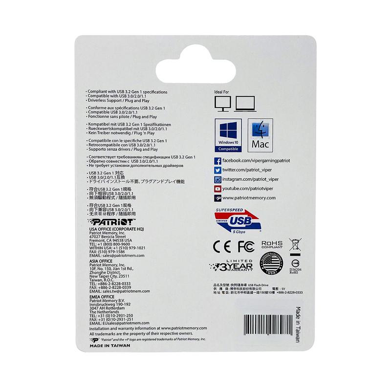 فلش مموری 64 گیگابایت پتریوت مدل Patriot RAGE LITE با رابط USB 3.2 سرعت انتقال تا 120 مگابایت بر ثانیه، مقاوم در برابر آب، ضربه، شوک و گرد و غبار، طراحی کشویی محافظ پورت، سازگار با ویندوز 7 تا 10، لینوکس و مک او اس
