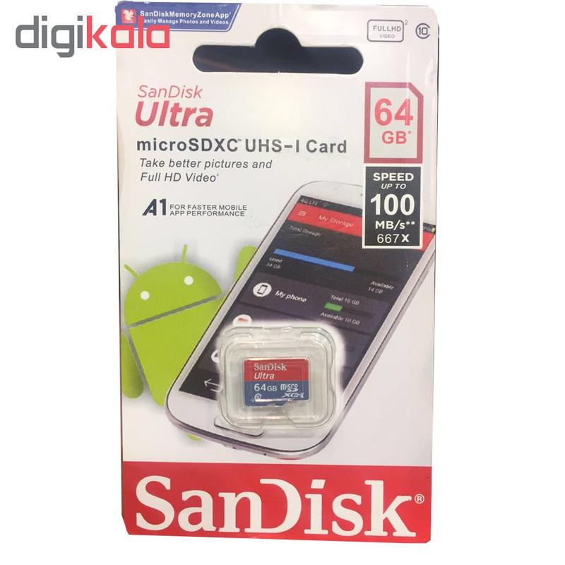 کارت حافظه microSDXC سن دیسک مدل Ultra A1 کلاس 10 استاندارد UHS-I سرعت 100MBps ظرفیت 64 گیگابایت