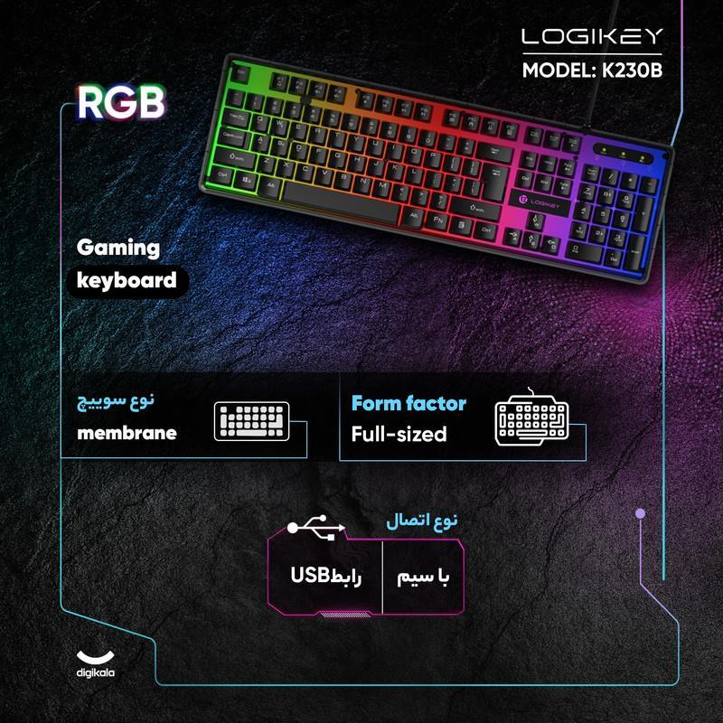 کیبورد گیمینگ لاجی کی مدل K230B، سوییچ ممبران، Full-Size، نورپردازی RGB