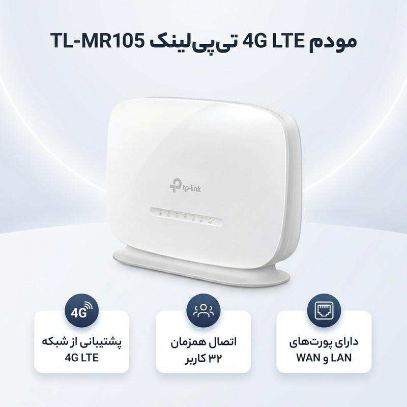 مودم 4G LTE تی‌پی‌لینک مدل TL-MR105 با اسلات سیم کارت نانو، پشتیبانی از 32 کاربر همزمان، رابط LAN و WAN، مناسب استفاده خانگی و اداری، سرعت دانلود تا 150 مگابیت بر ثانیه و منبع تغذیه برق شهری