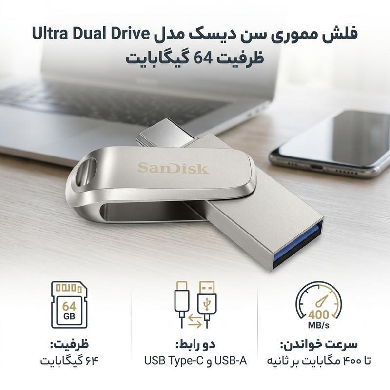 فلش مموری سن دیسک مدل Ultra Dual Drive Luxe ظرفیت 64 گیگابایت با رابط تایپ سی و USB 3.2 Gen 1، سرعت خواندن 400 مگابایت بر ثانیه، طراحی تاشو و سازگار با سیستم‌عامل‌های Android، PC، Mac و iPad Pro