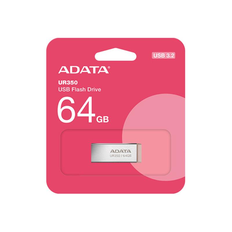 فلش مموری ای‌دیتا مدل UR350 ظرفیت 64 گیگابایت، رابط USB 3.2، سرعت خواندن 100 مگابایت بر ثانیه، مقاوم در برابر ضربه و سازگار با ویندوز و مک