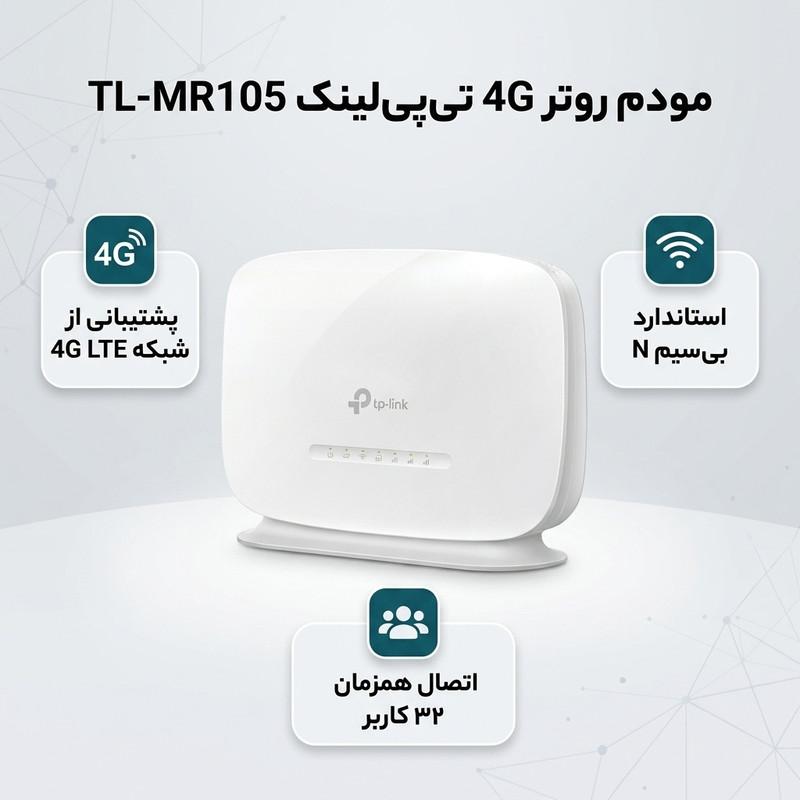 مودم روتر 4G تی‌پی‌لینک مدل TL-MR105 با پشتیبانی از شبکه‌های LTE/4G/3G/2G، استاندارد IEEE 802.11b/g/n، فرکانس 2.4 گیگاهرتز، فایروال IPv4 SPI و پشتیبانی همزمان تا 32 کاربر