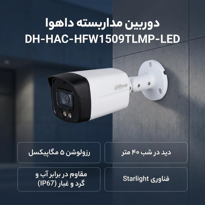 دوربین مداربسته بولت آنالوگ داهوا مدل DH-HAC-HFW1509TLMP-LED با رزولوشن 5 مگاپیکسل، دید در شب 40 متر، فناوری Starlight، بدنه فلزی و استاندارد مقاومتی IP67
