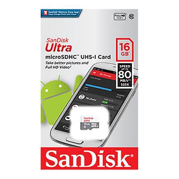 کارت حافظه micro SD  سن دیسک مدل ULTRA استاندارد UHS-I سرعت 80MBps ظرفیت 16 گیگابایت