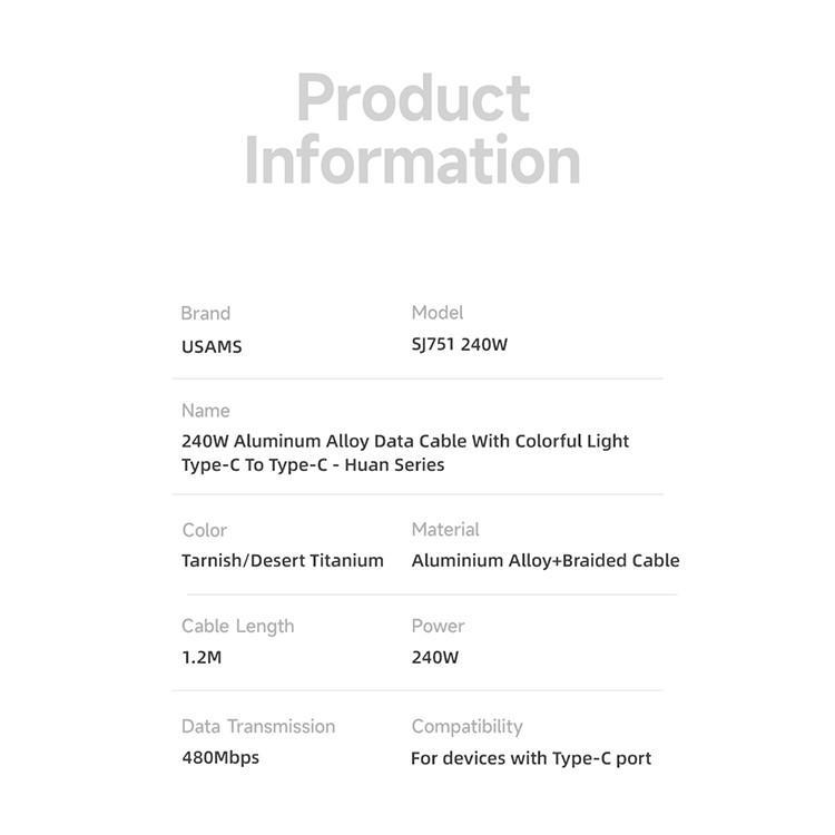 کابل تبدیل USB-C به USB-C یوسمز مدل SJ751-240W طول 1.2 متر