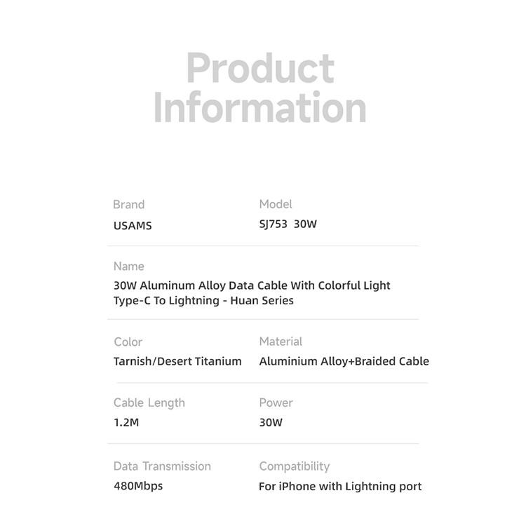 کابل تبدیل USB-C به لایتنینگ یوسمز مدل SJ753-30W طول 1.2 متر