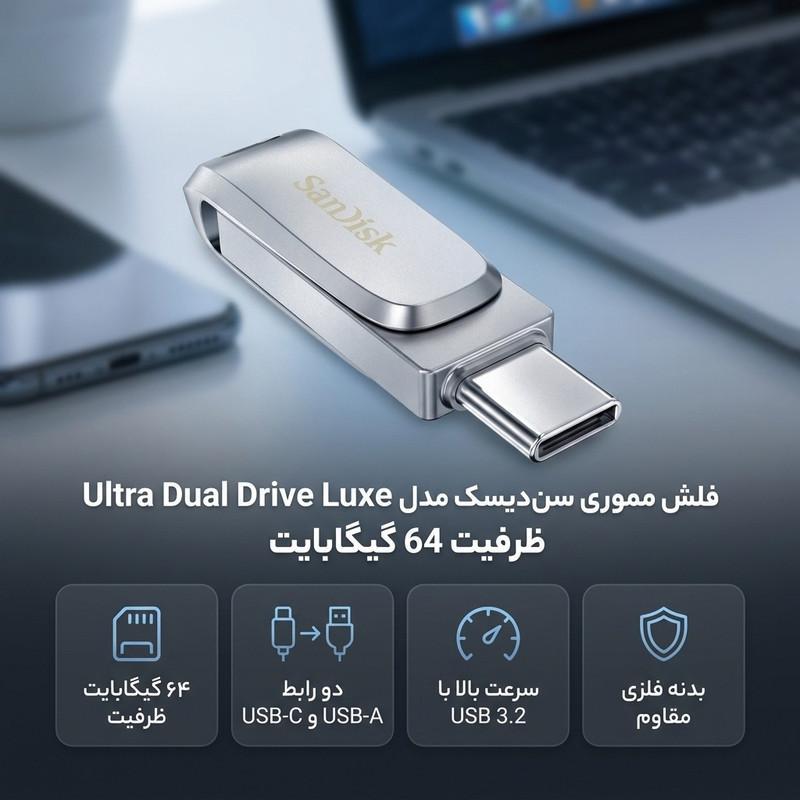 فلش مموری سن دیسک مدل Ultra Dual Drive Luxe ظرفیت 64 گیگابایت با رابط USB 3.2