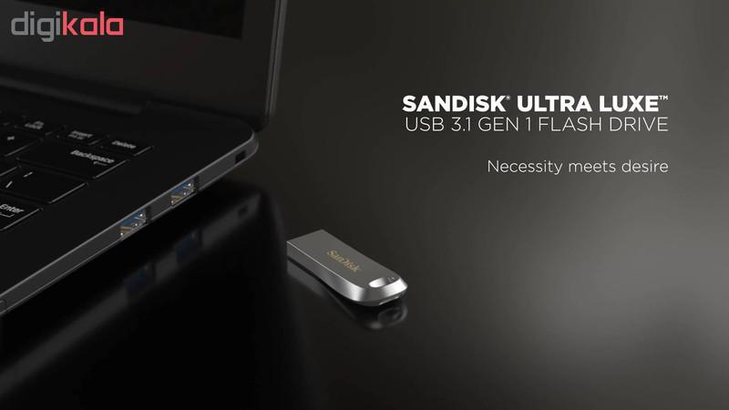 فلش مموری سن دیسک مدل Ultra Luxe ظرفیت 256 گیگابایت، رابط USB 3.1، سرعت خواندن 150 مگابایت بر ثانیه، بدنه فلزی مقاوم، پشتیبانی از نرم‌افزار کدگذاری اطلاعات
