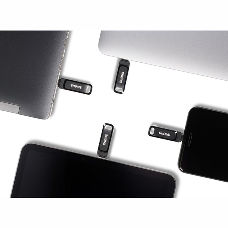 فلش مموری سن دیسک 64 گیگابایت مدل Ultra Dual Drive Go با دو رابط USB Type-C و USB Type-A، استاندارد USB 3.2 Gen1، طراحی چرخشی، سازگار با اندروید، iOS، ویندوز و مک، مناسب گوشی، تبلت، کامپیوتر و تلویزیون