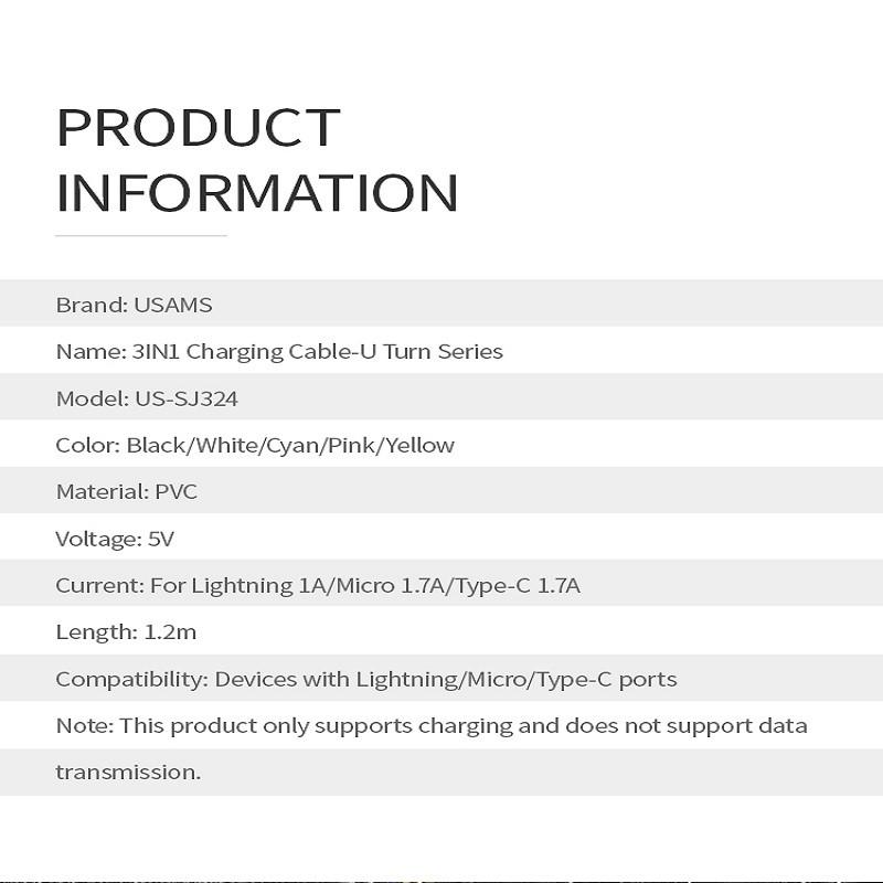 کابل تبدیل USB به microUSB /لایتنینگ/USB-C یوسمز مدل US-SJ324 طول 1 متر