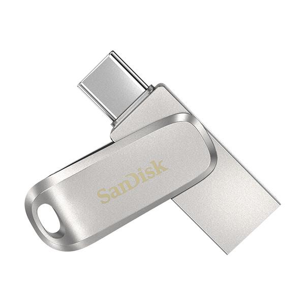فلش مموری سن دیسک مدل Ultra Dual Drive Luxe ظرفیت 64 گیگابایت با دو رابط USB تایپ سی و USB 3.2 Gen1، بدنه فلزی چرخشی، سرعت انتقال 150 مگابایت بر ثانیه و سازگار با گوشی، تبلت، کامپیوتر و تلویزیون
