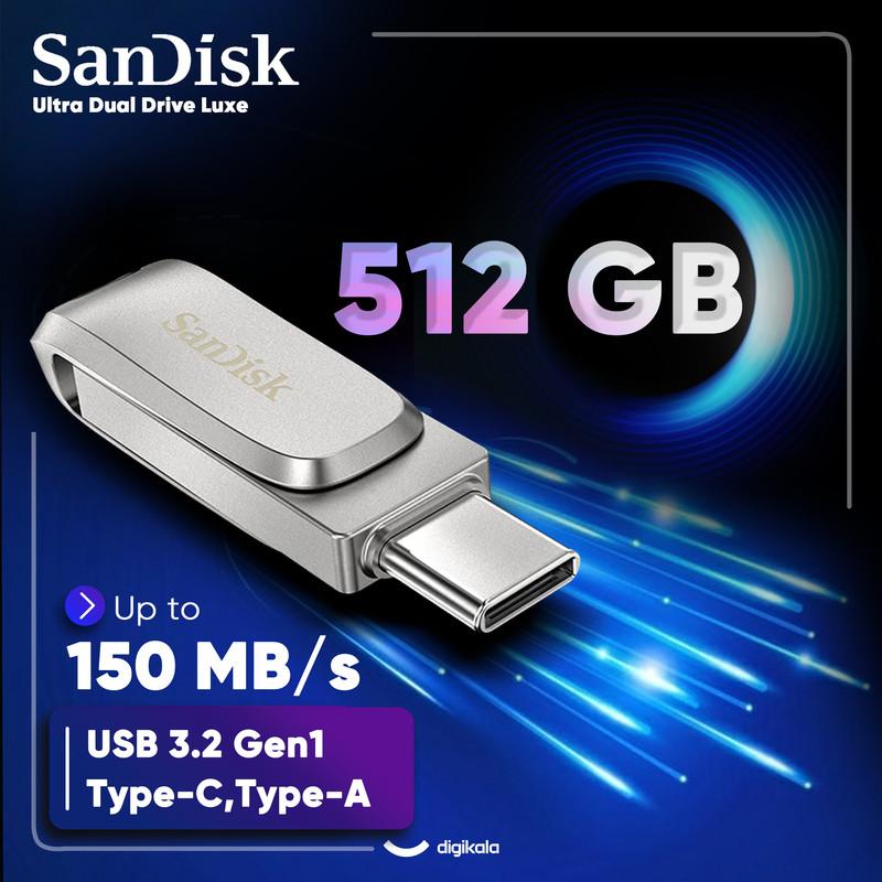 فلش مموری سن دیسک Ultra Dual Drive Luxe ظرفیت 512 گیگابایت با دو رابط USB 3.2 Type-C و Type-A، طراحی چرخشی، بدنه فلزی و سازگار با گوشی، تبلت، کامپیوتر و تلویزیون