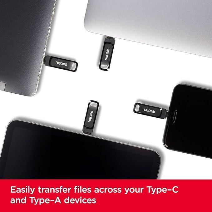 فلش مموری سن دیسک Ultra Dual Drive Go ظرفیت 256 گیگابایت با دو رابط USB Type-C و USB Type-A، طراحی چرخشی، سرعت خواندن 150 مگابایت بر ثانیه، سازگار با کامپیوتر، لپ‌تاپ، تبلت و گوشی موبایل