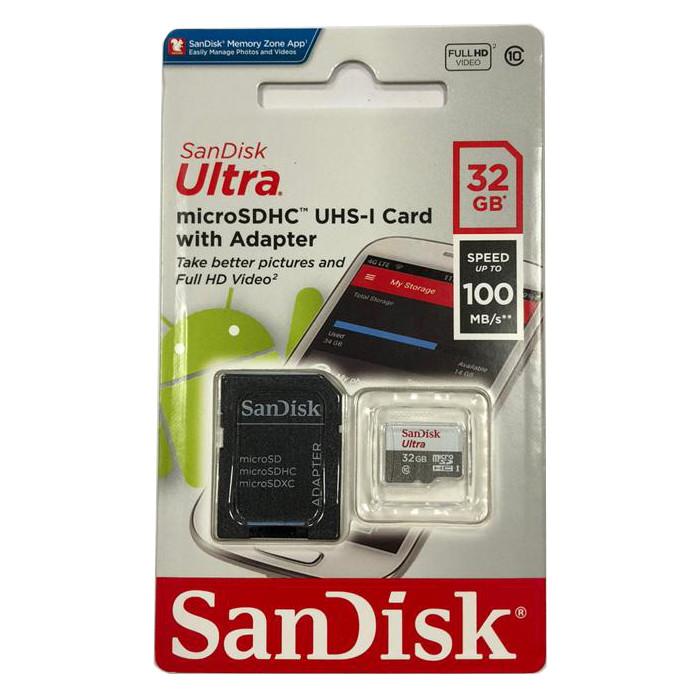 کارت حافظه microSDXC سن دیسک مدل Ultra کلاس 10 استاندارد UHS-I سرعت 100MBps ظرفیت 32 گیگابایت به همراه آداپتور SD