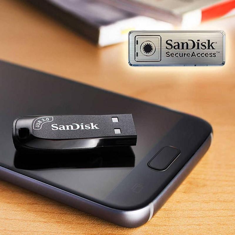 فلش مموری سن دیسک مدل ULTRA SHIFT CZ410 ظرفیت 32 گیگابایت، رابط USB 3.1 با سرعت خواندن 100 مگابایت بر ثانیه، مناسب ضبط خودرو و تلویزیون، دارای نرم‌افزار امنیتی SanDisk SecureAccess و بازیابی فایل RESCUEPRO DELUXE