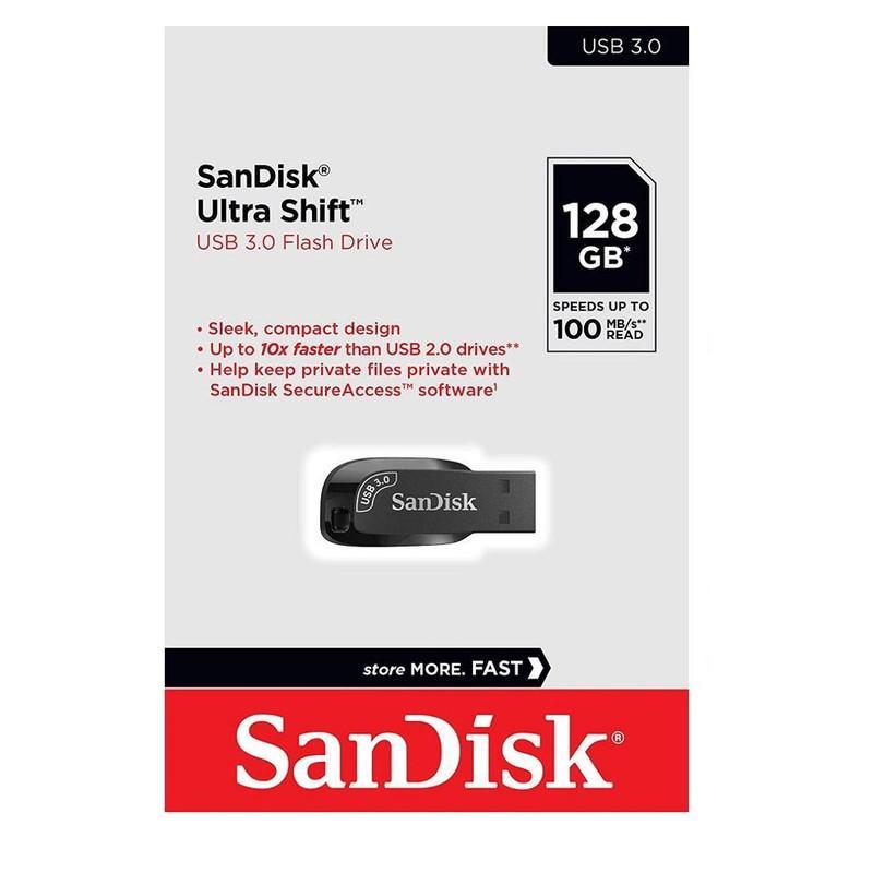فلش مموری سن دیسک مدل ULTRA SHIFT CZ410 ظرفیت 128GB، سرعت خواندن 100MB/s، مجهز به USB 3.1 با سرعت 15 برابر USB 2.0، دارای نرم‌افزار امنیتی و بازیابی فایل، مناسب ضبط خودرو و تلویزیون