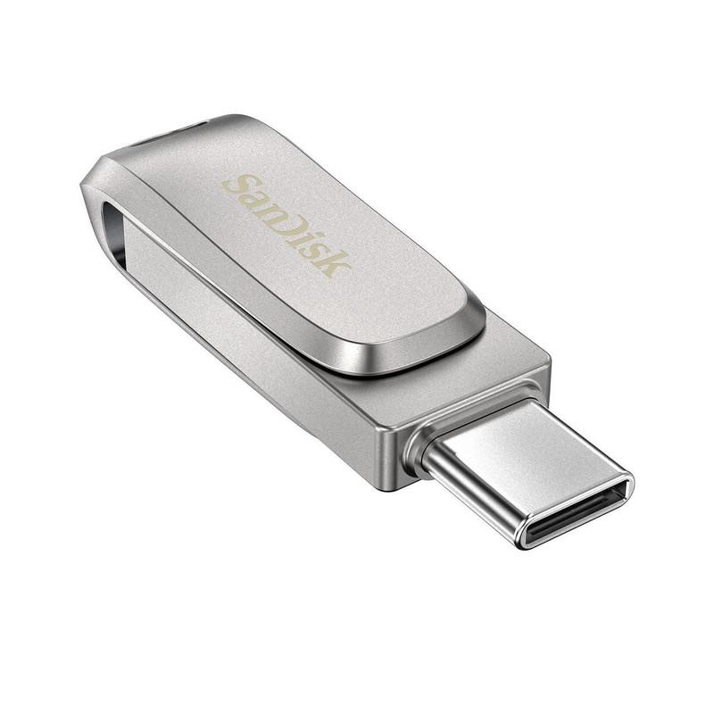فلش مموری سن دیسک Ultra Dual Drive Luxe ظرفیت 1 ترابایت با دو رابط USB Type-C و USB Type-A، طراحی تاشو، فلزی، سازگار با ویندوز، مک، اندروید و iOS، استاندارد USB 3.2 Gen2