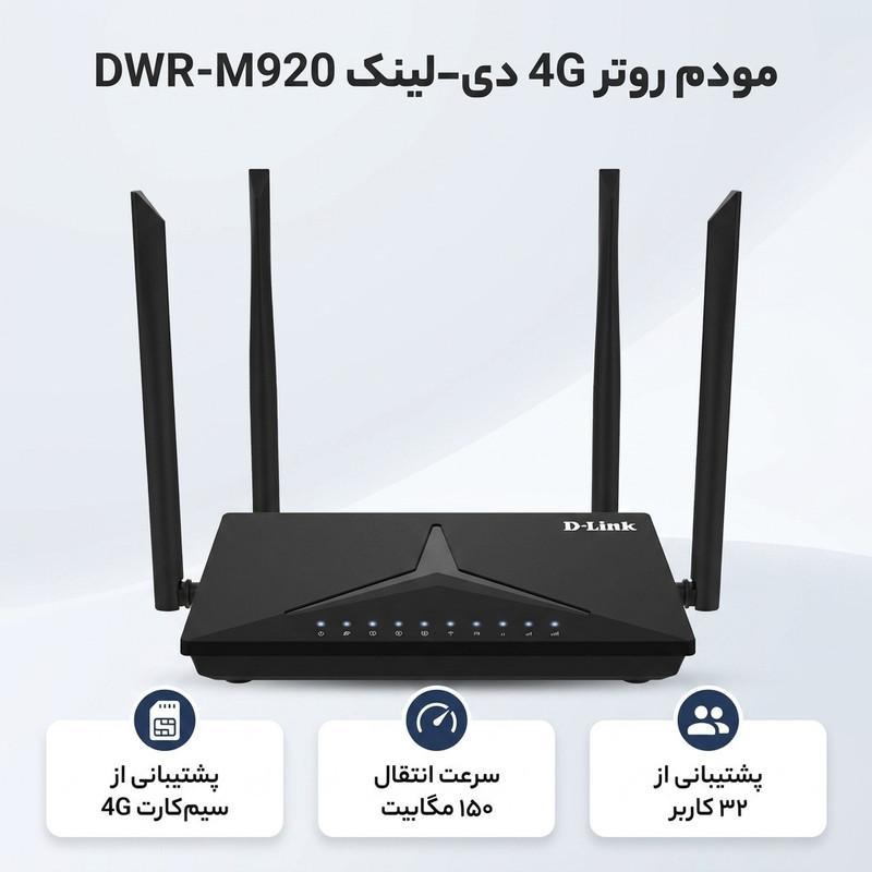 مودم روتر بی‌سیم خانگی 4G دی-لینک مدل DWR-M920 با شیار سیم‌کارت، پشتیبانی از 32 کاربر، سرعت انتقال 150 مگابیت، چهار آنتن داخلی و خارجی و رابط RJ-45 WAN/LAN