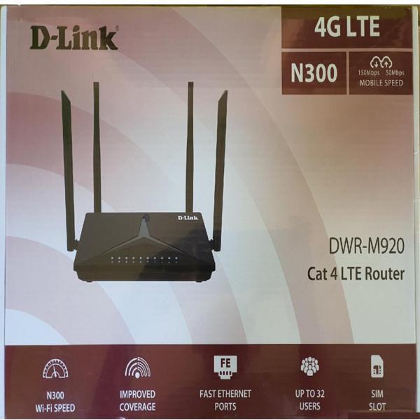 مودم روتر بی‌سیم خانگی 4G دی-لینک مدل DWR-M920 با شیار سیم‌کارت، پشتیبانی از 32 کاربر، سرعت انتقال 150 مگابیت، چهار آنتن داخلی و خارجی و رابط RJ-45 WAN/LAN