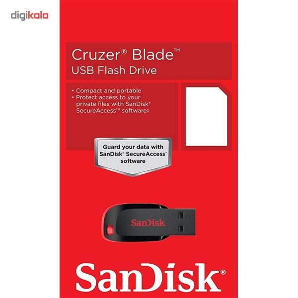 فلش مموری سن دیسک Cruzer Blade CZ50 ظرفیت 32 گیگابایت با رابط USB 2.0، سرعت انتقال 30 مگابایت بر ثانیه، طراحی بدون درپوش و بدنه مات مقاوم در برابر لک و اثر انگشت، دارای شیار اتصال بند و نرم‌افزار امنیتی