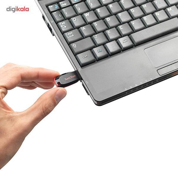 فلش مموری سن دیسک Cruzer Blade CZ50 ظرفیت 32 گیگابایت با رابط USB 2.0، سرعت انتقال 30 مگابایت بر ثانیه، طراحی بدون درپوش و بدنه مات مقاوم در برابر لک و اثر انگشت، دارای شیار اتصال بند و نرم‌افزار امنیتی