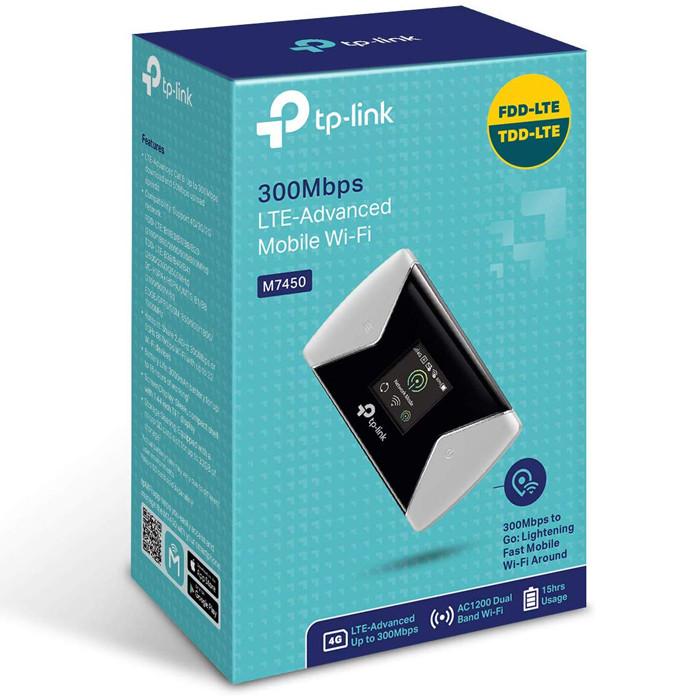 مودم 4G قابل حمل تی‌پی‌لینک مدل M7450 با پشتیبانی LTE-Advanced Cat6، اشتراک‌گذاری اینترنت برای 32 دستگاه، دو باند فرکانسی 2.4 و 5 گیگاهرتز، سرعت دانلود 300 مگابیت، باتری 3000 میلی‌آمپر با شارژدهی 15 ساعت و شیار کارت حافظه Micro SD تا 32 گیگابایت