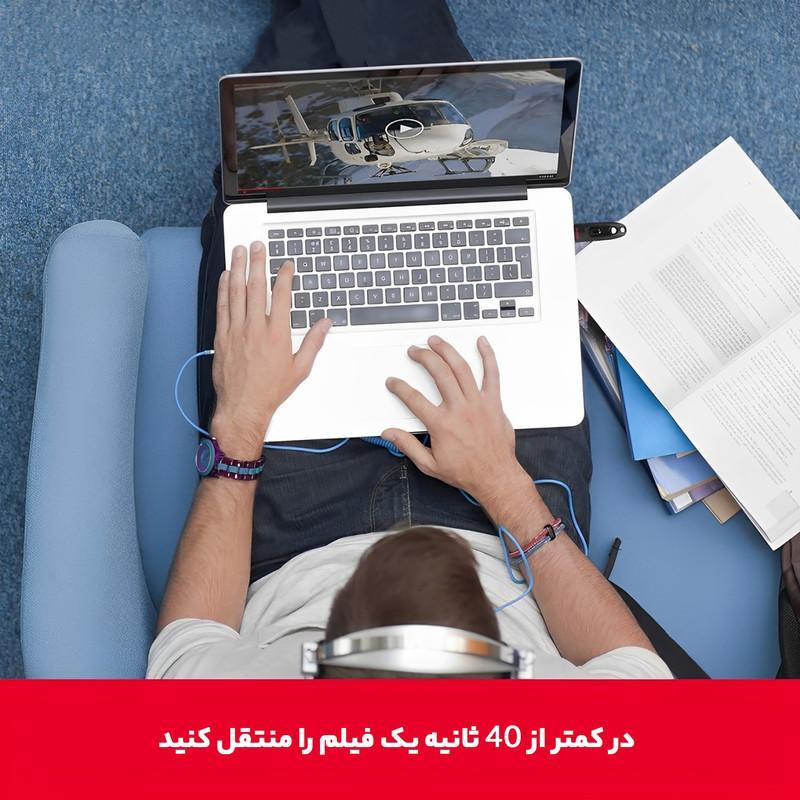 فلش مموری کشویی سن دیسک مدل CZ48 ظرفیت 128 گیگابایت با رابط USB 3.0، سرعت انتقال تا 100 مگابایت بر ثانیه، سازگار با USB 2.0 و قابلیت رمزنگاری اطلاعات