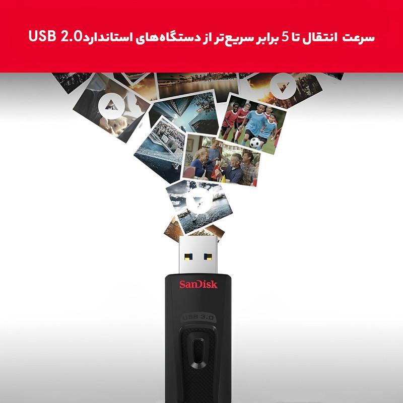 فلش مموری کشویی سن دیسک مدل CZ48 ظرفیت 128 گیگابایت با رابط USB 3.0، سرعت انتقال تا 100 مگابایت بر ثانیه، سازگار با USB 2.0 و قابلیت رمزنگاری اطلاعات