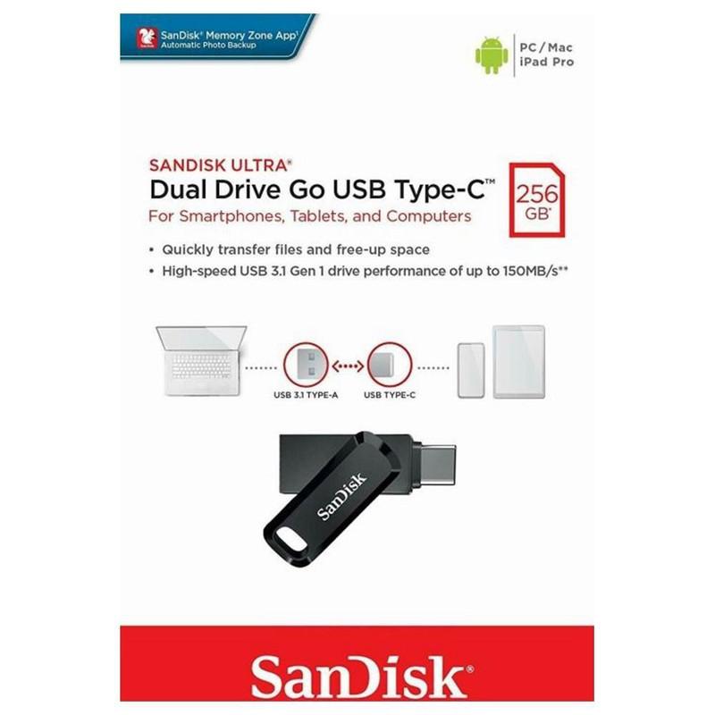 فلش مموری سن دیسک Ultra Dual Drive Go ظرفیت 256 گیگابایت با درگاه USB Type-C مقاوم در برابر خش، شوک، لرزش و گرد و غبار