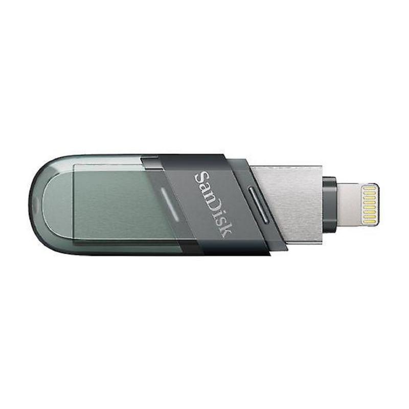 فلش مموری سن دیسک iXPAND FLIP ظرفیت 256 گیگابایت با دو رابط Lightning و USB 3.1، بدنه فلزی، سازگار با iPhone، iPad، ویندوز و مک، انتقال خودکار عکس و ویدیو، طراحی درپوش‌دار و سبک