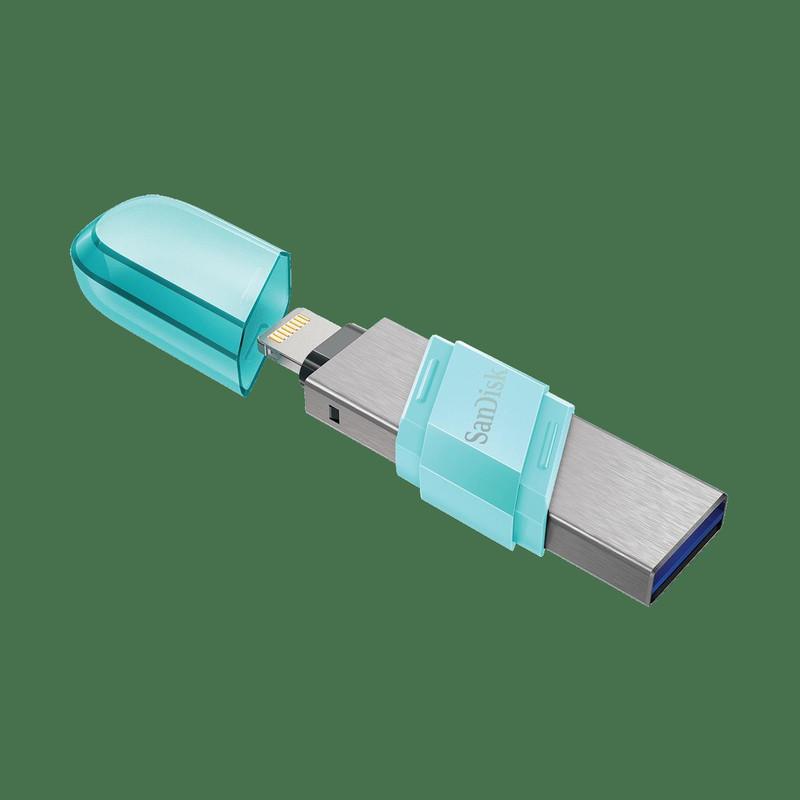 فلش مموری سن دیسک iXPAND FLIP ظرفیت 256 گیگابایت با دو رابط Lightning و USB 3.1، بدنه فلزی، سازگار با iPhone، iPad، ویندوز و مک، انتقال خودکار عکس و ویدیو، طراحی درپوش‌دار و سبک