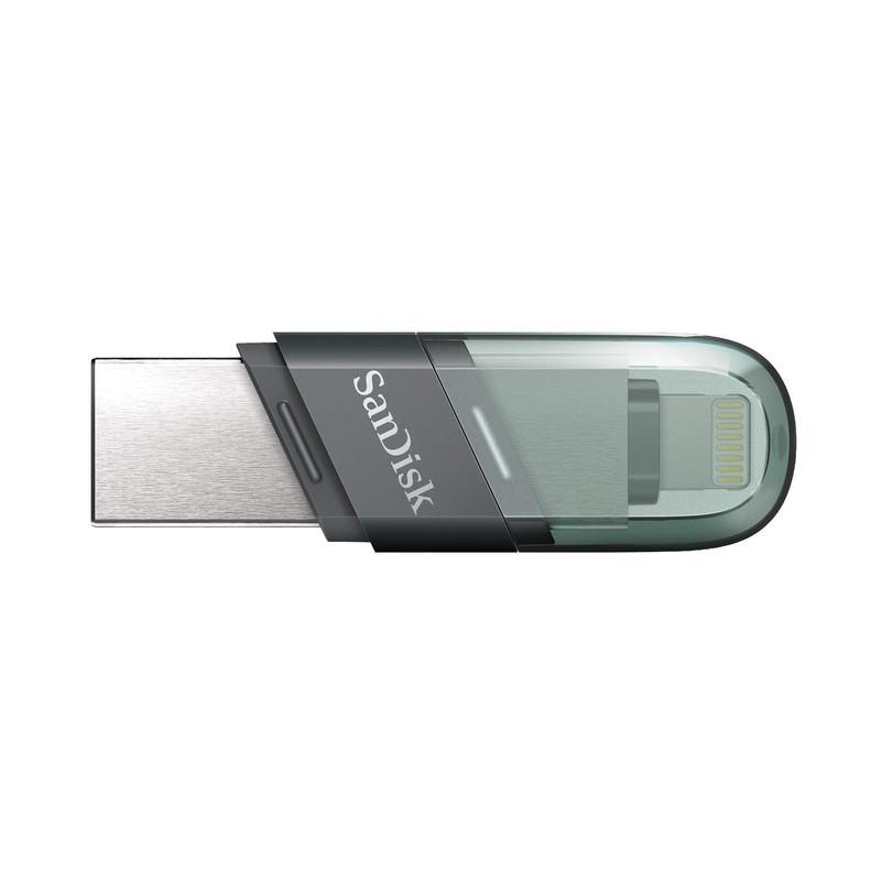 فلش مموری سن دیسک iXPAND FLIP ظرفیت 256 گیگابایت با دو رابط Lightning و USB 3.1، بدنه فلزی، سازگار با iPhone، iPad، ویندوز و مک، انتقال خودکار عکس و ویدیو، طراحی درپوش‌دار و سبک