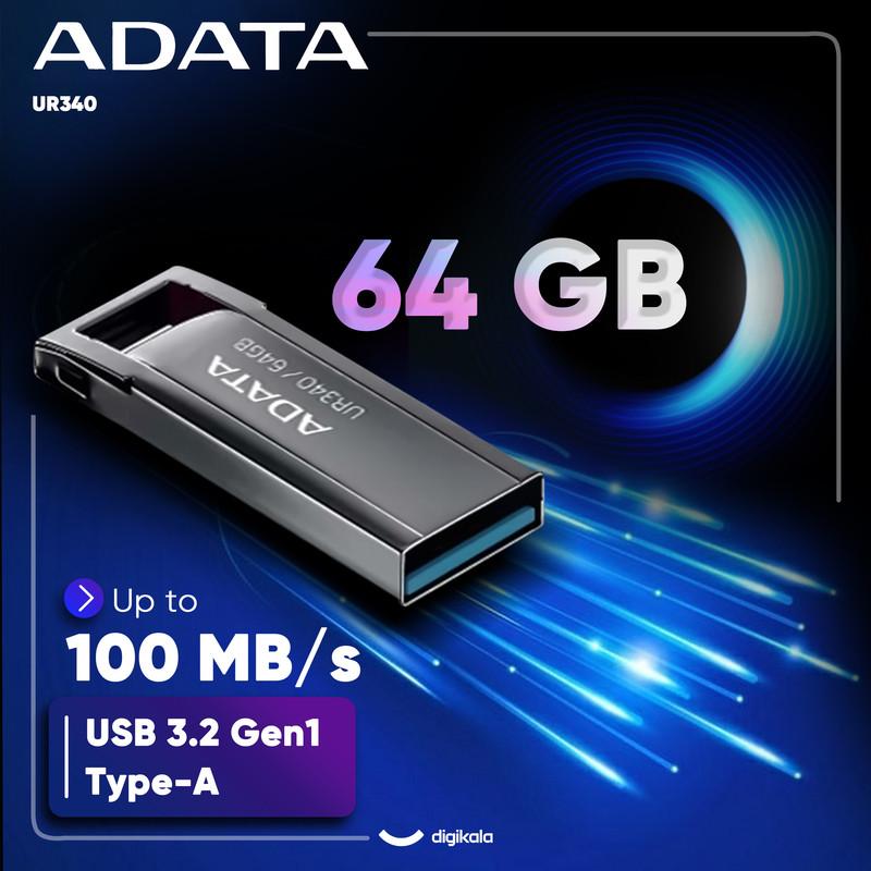فلش مموری ای دیتا مدل UR340 ظرفیت 64 گیگابایت با بدنه فلزی، رابط USB 3.2 Gen1 Type-A، سرعت انتقال 100 مگابایت بر ثانیه و پشتیبانی از سیستم‌عامل‌های ویندوز، مک و لینوکس