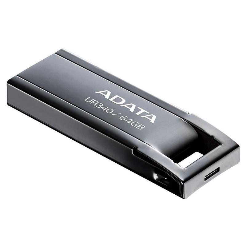 فلش مموری ای دیتا مدل UR340 ظرفیت 64 گیگابایت با بدنه فلزی، رابط USB 3.2 Gen1 Type-A، سرعت انتقال 100 مگابایت بر ثانیه و پشتیبانی از سیستم‌عامل‌های ویندوز، مک و لینوکس