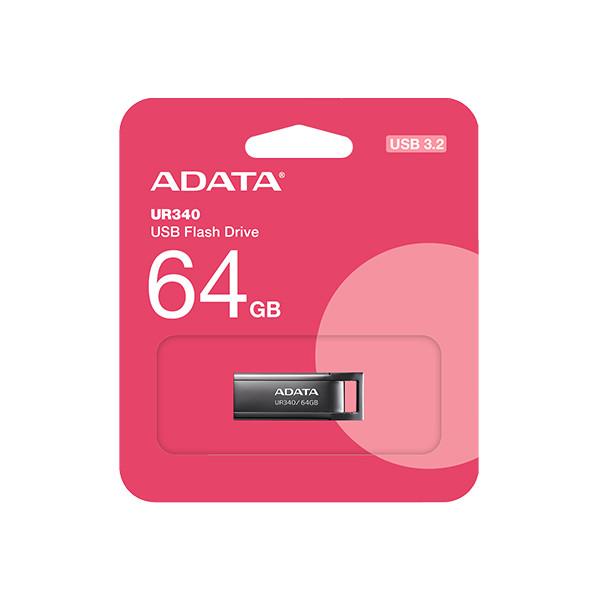 فلش مموری ای دیتا مدل UR340 ظرفیت 64 گیگابایت با بدنه فلزی، رابط USB 3.2 Gen1 Type-A، سرعت انتقال 100 مگابایت بر ثانیه و پشتیبانی از سیستم‌عامل‌های ویندوز، مک و لینوکس